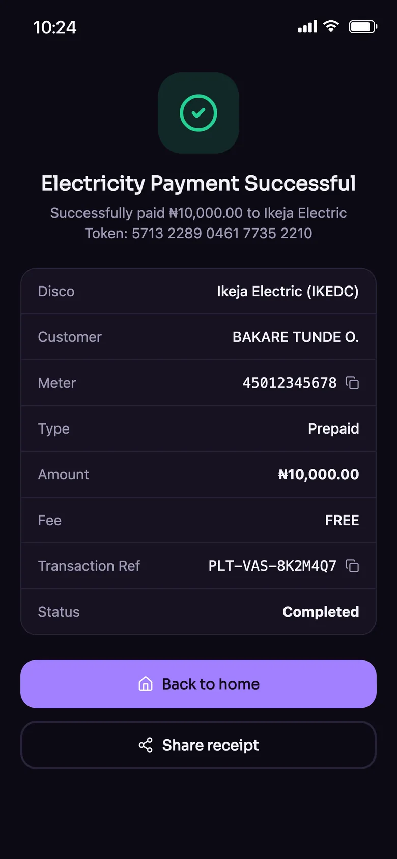 Electricity payment receipt in the Plut app showing the prepaid token
