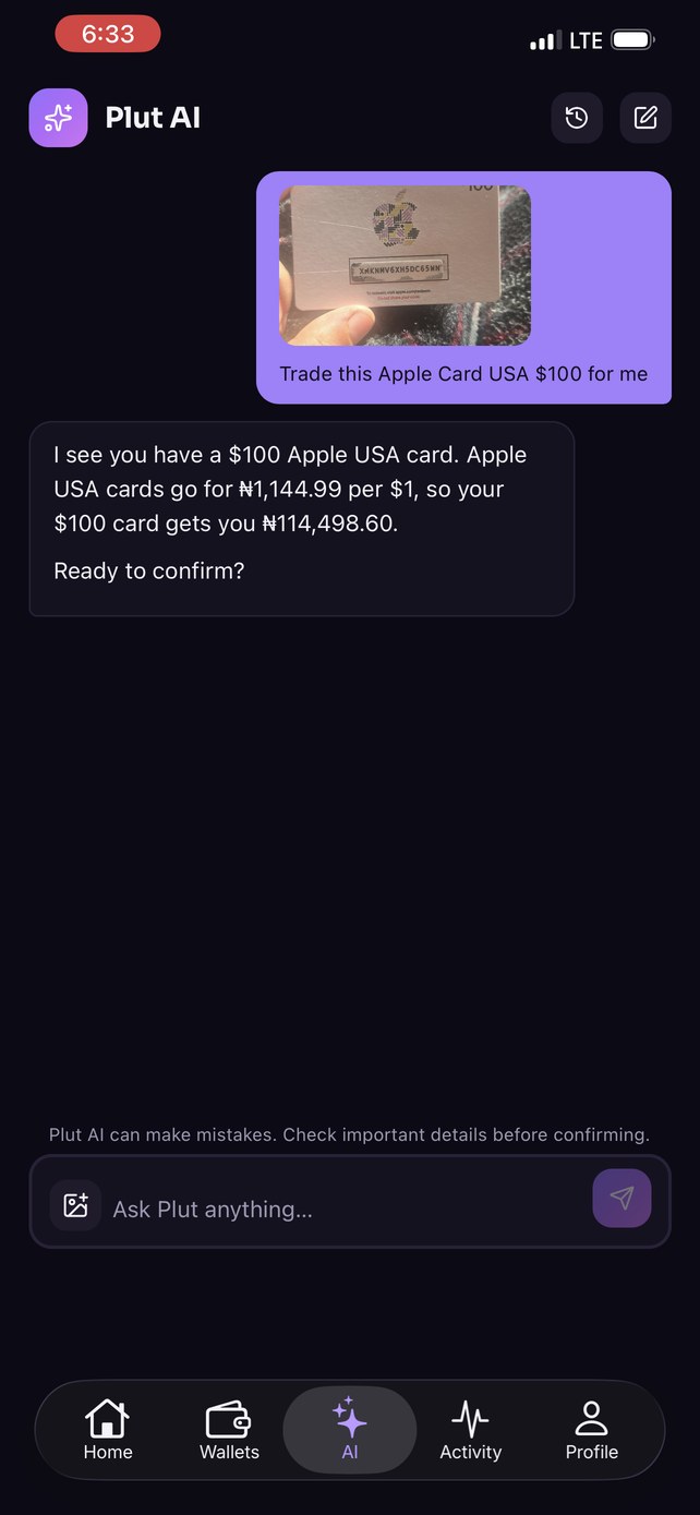 Plut AI reads a photo of a $100 Apple USA card and quotes ₦1,144.99 per dollar, ₦114,498.60 in total
